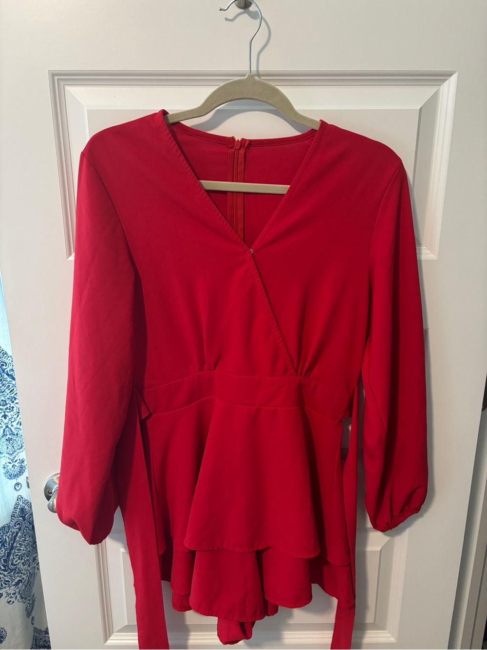 Red V-Neck Peplum Long Sleeve Romper